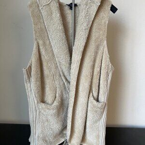 Cozy Beige Sherpa Hooded Vest Size L Oversized Plush Open Front Pockets